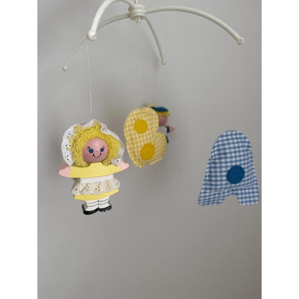 Vintage Crib Mobile Unisex Multicolor Gingham ABC Wooden Figures No arm no music